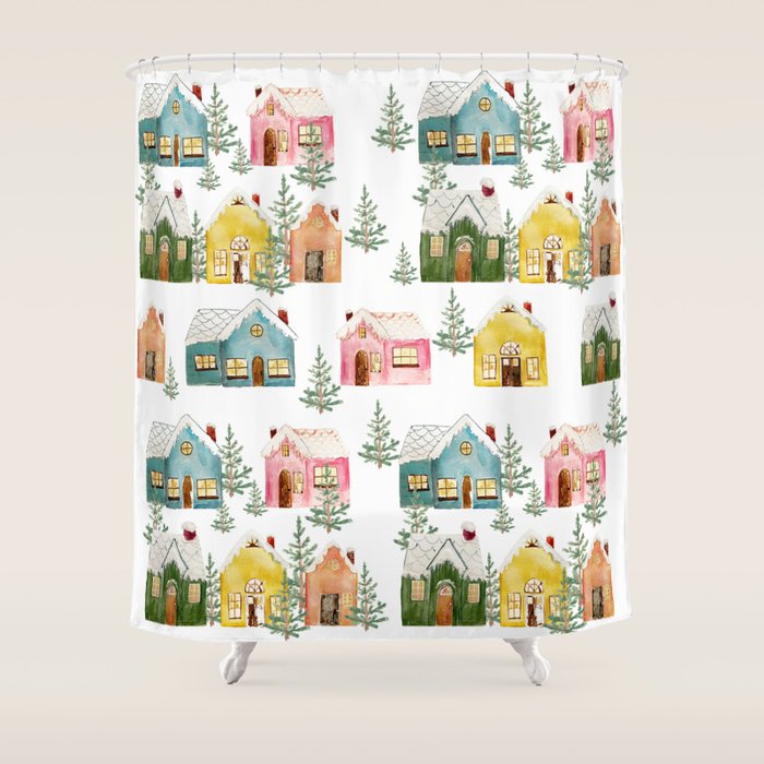 Colorful Winter Cottages Shower Curtain Gallery Image 1