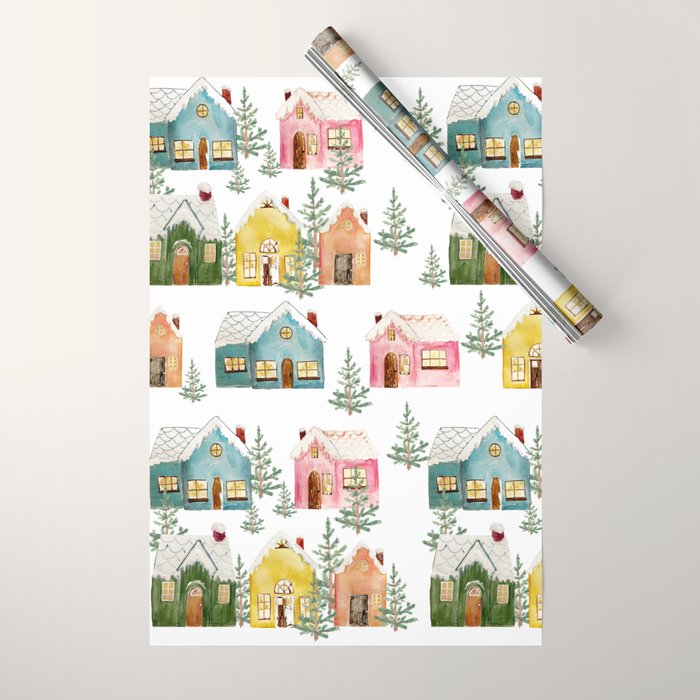 Colorful Winter Cottages Wrapping Paper Gallery Image 1