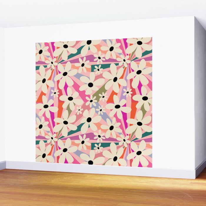 Retro Psychedelic Daisy Flower - Rainbow Color Wall Mural Gallery Image 2