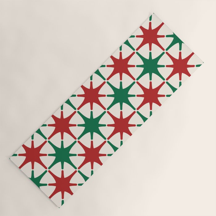 Festive Mid-Century Stars & Sparkles in Green, Red & White Yoga Mat Gallery Image 1