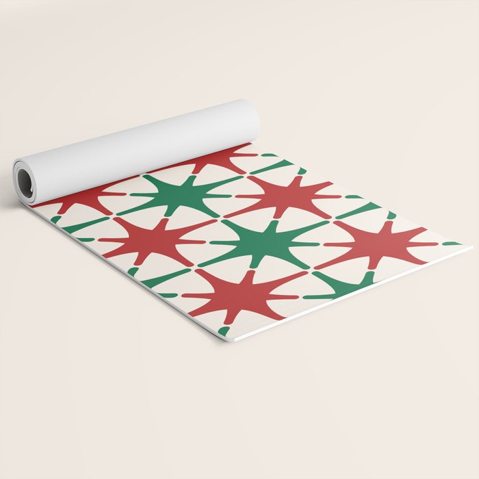 Festive Mid-Century Stars & Sparkles in Green, Red & White Yoga Mat Gallery Image 2