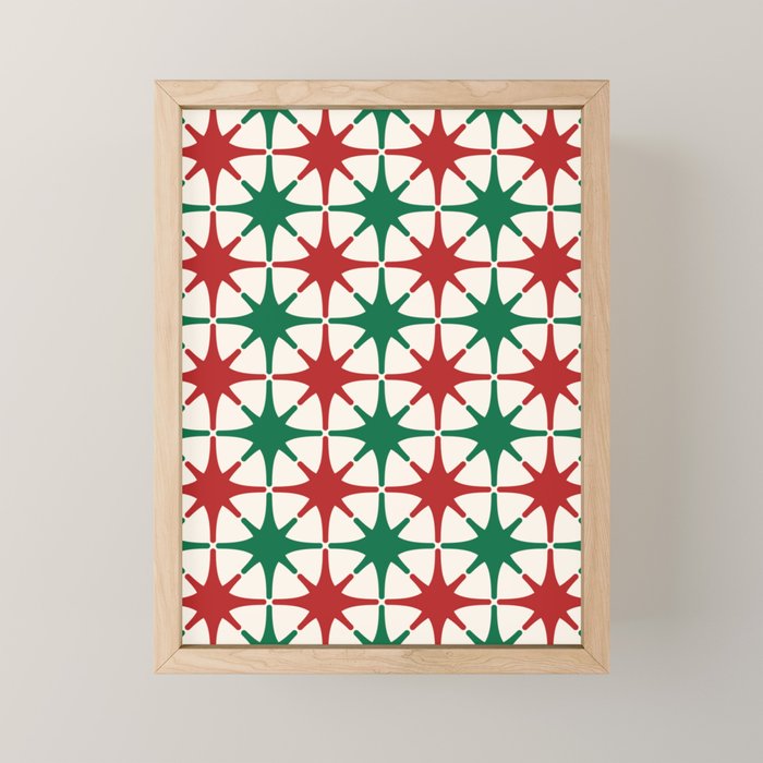 Festive Mid-Century Stars & Sparkles in Green, Red & White Mini Art Print Gallery Image 1