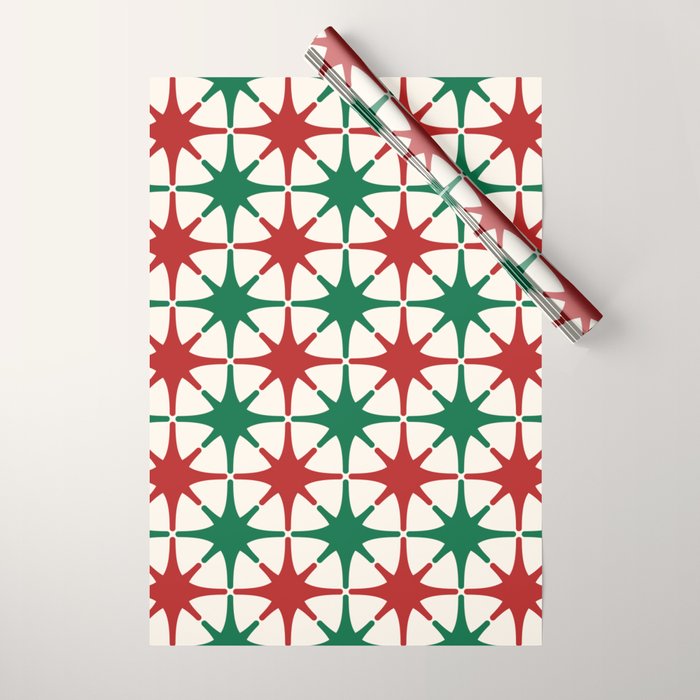 Festive Mid-Century Stars & Sparkles in Green, Red & White Wrapping Paper Gallery Image 1