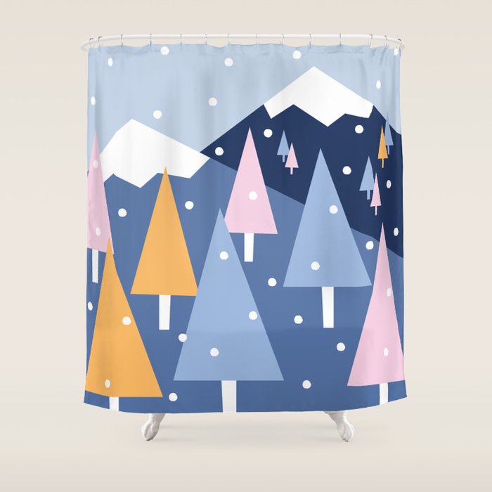 Snowy mountains and trees Shower Curtain Gallery Image 1