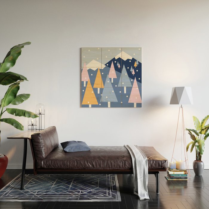 Snowy mountains and trees Wood Wall Art Gallery Image 2