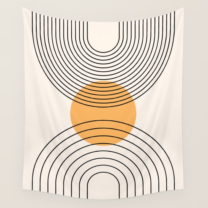 Geometric Lines in Black and Beige 29 (Rainbow and Sun Abstraction) Wall Tapestry Gallery Image 1