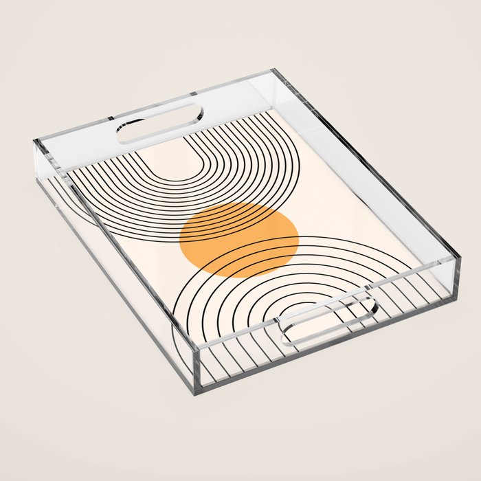 Geometric Lines in Black and Beige 29 (Rainbow and Sun Abstraction) Acrylic Tray Gallery Image 1