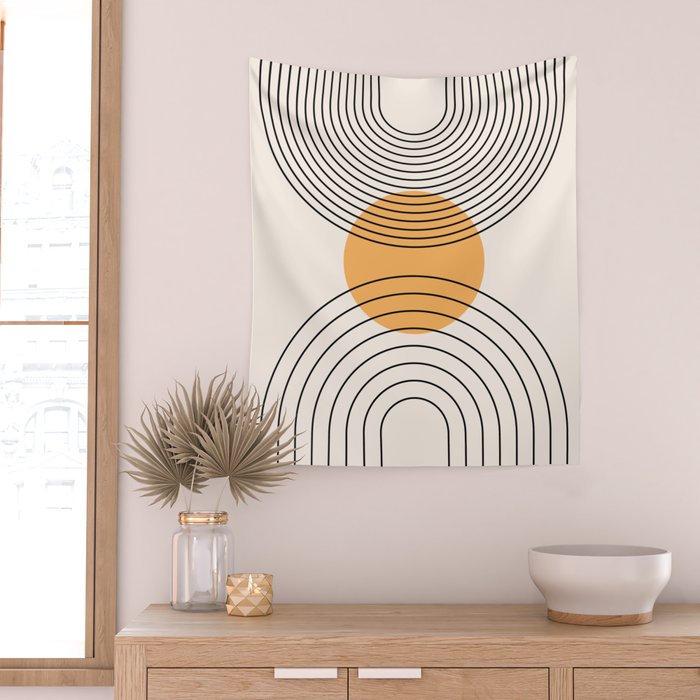 Geometric Lines in Black and Beige 29 (Rainbow and Sun Abstraction) Wall Tapestry Gallery Image 2