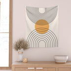 Geometric Lines in Black and Beige 29 (Rainbow and Sun Abstraction) Wall Tapestry Gallery Image 2