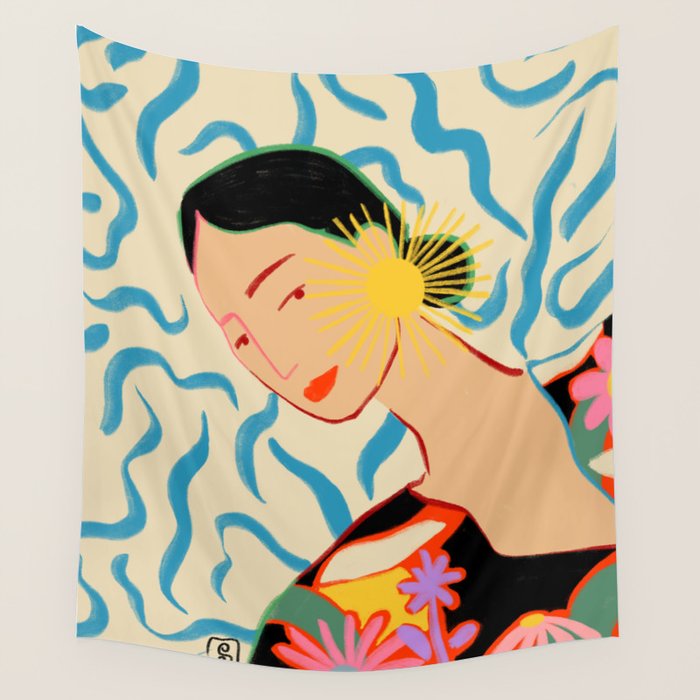 SMILING WOMAN AND SUNSHINE Wall Tapestry Gallery Image 4