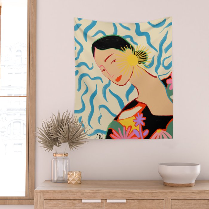 SMILING WOMAN AND SUNSHINE Wall Tapestry Gallery Image 2