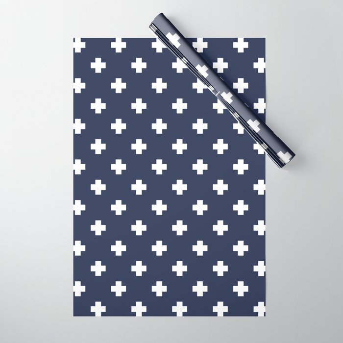 White Swiss Cross Pattern on Navy Blue background Wrapping Paper Gallery Image 1
