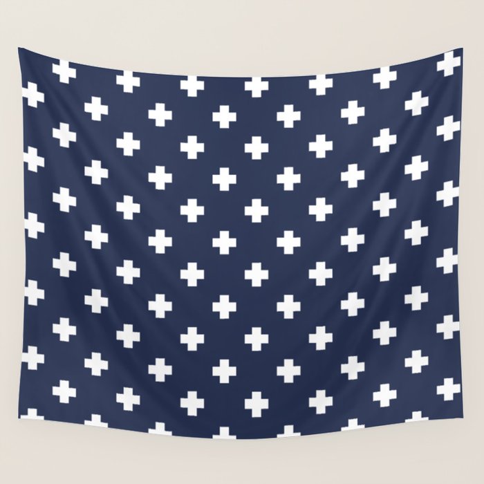 White Swiss Cross Pattern on Navy Blue background Wall Tapestry Gallery Image 4