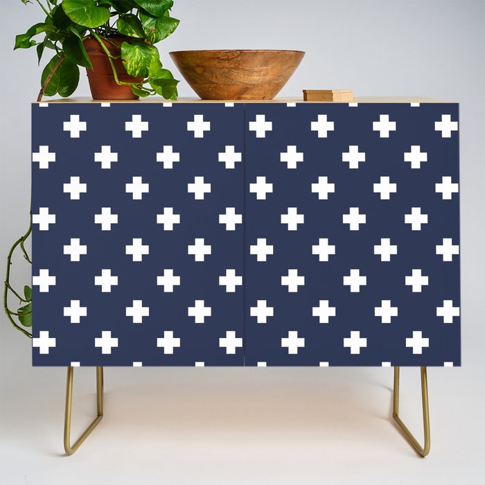 White Swiss Cross Pattern on Navy Blue background Credenza Gallery Image 1