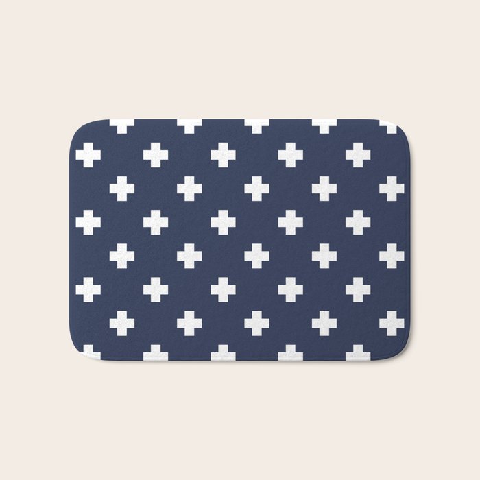 White Swiss Cross Pattern on Navy Blue background Bath Mat Gallery Image 1