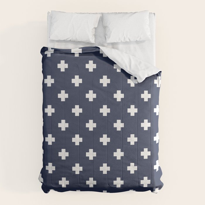 White Swiss Cross Pattern on Navy Blue background Comforter Gallery Image 6