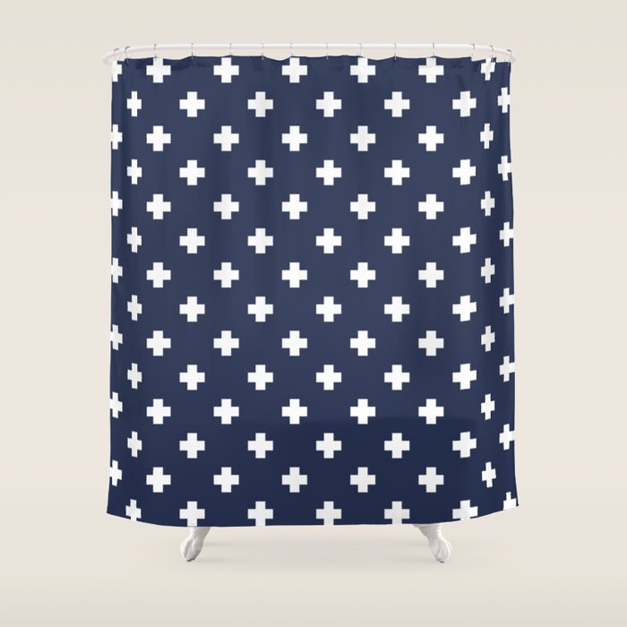 White Swiss Cross Pattern on Navy Blue background Shower Curtain Gallery Image 1