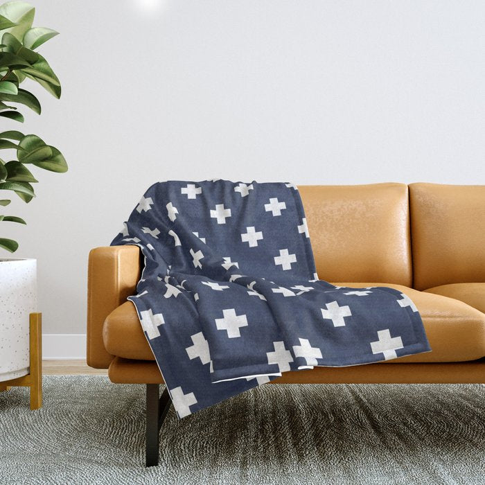 White Swiss Cross Pattern on Navy Blue background Throw Blanket Gallery Image 1