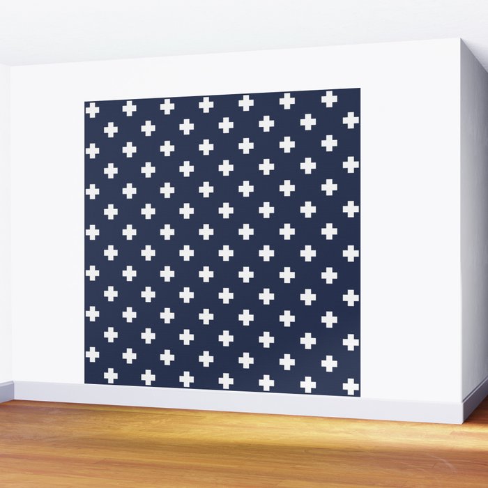 White Swiss Cross Pattern on Navy Blue background Wall Mural Gallery Image 2