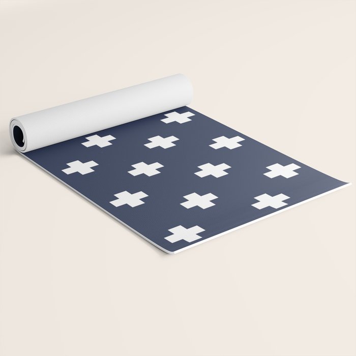 White Swiss Cross Pattern on Navy Blue background Yoga Mat Gallery Image 2