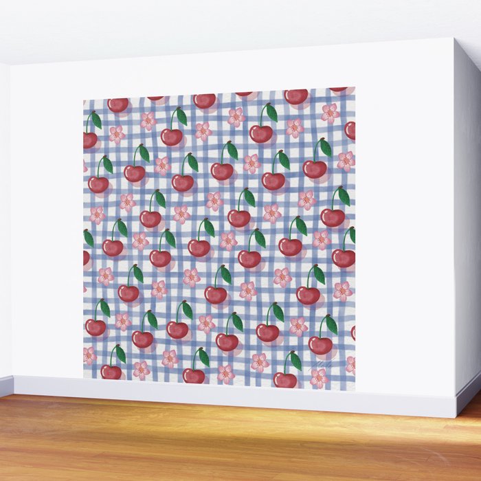Watercolor Cherry Blossom Picnic Pattern Wall Mural Gallery Image 2