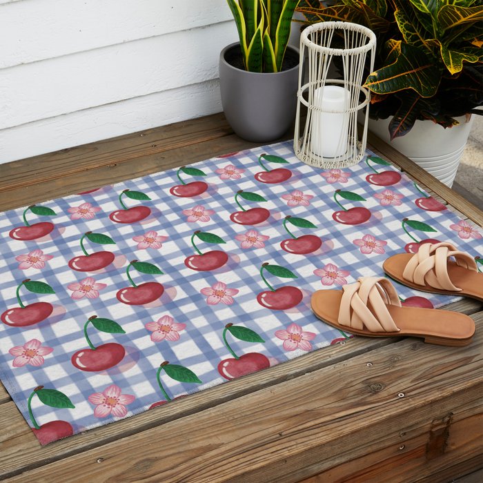 Watercolor Cherry Blossom Picnic Pattern Outdoor Rug Gallery Image 2