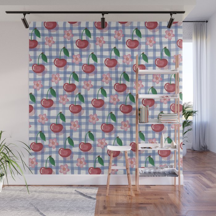 Watercolor Cherry Blossom Picnic Pattern Wall Mural
