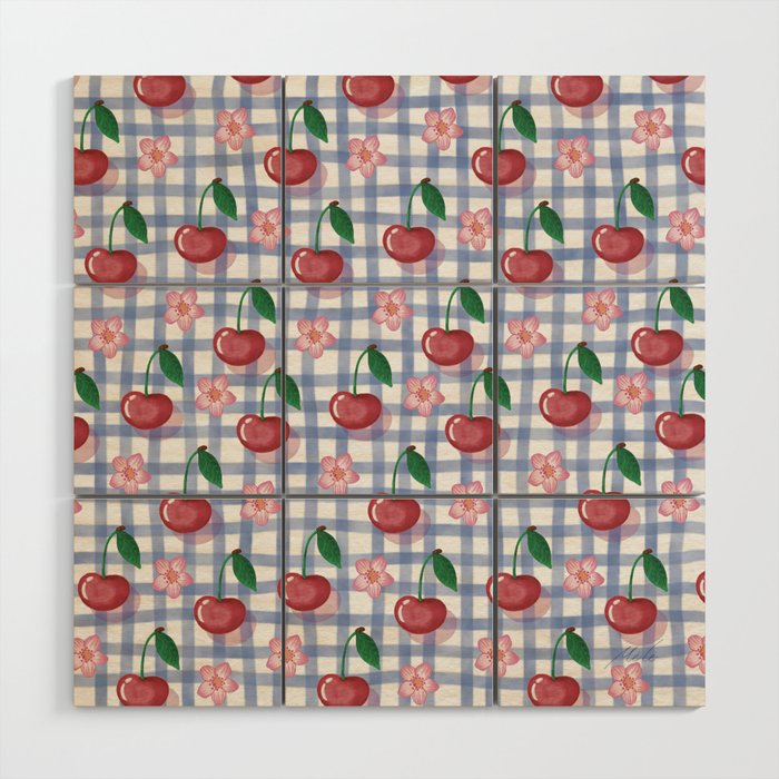Watercolor Cherry Blossom Picnic Pattern Wood Wall Art Gallery Image 1