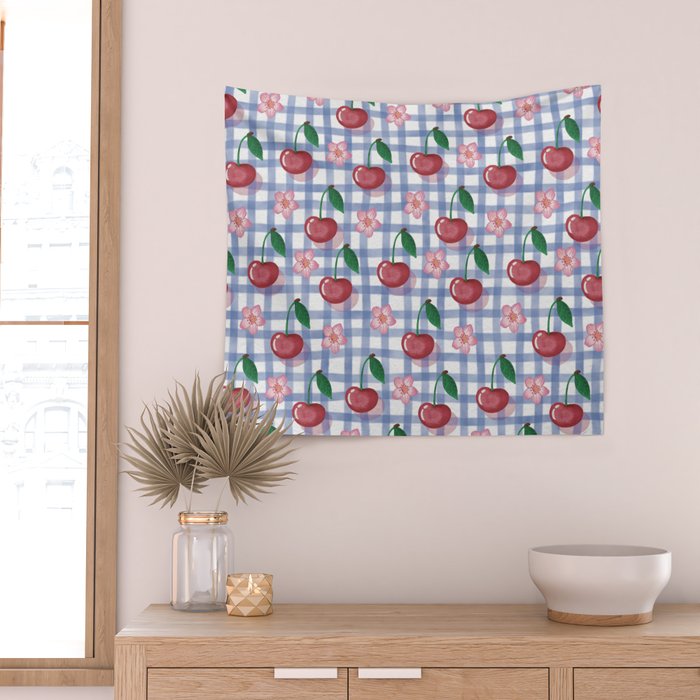 Watercolor Cherry Blossom Picnic Pattern Wall Tapestry Gallery Image 2