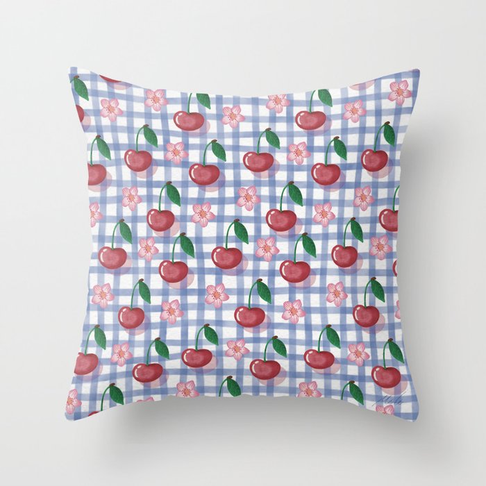 Watercolor Cherry Blossom Picnic Pattern Throw Pillow Gallery Image 6