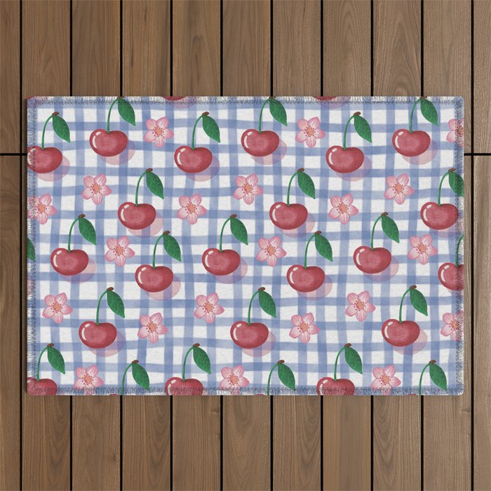 Watercolor Cherry Blossom Picnic Pattern Outdoor Rug Gallery Image 1