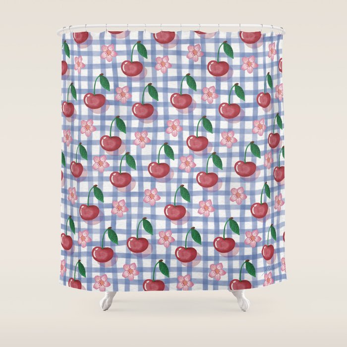 Watercolor Cherry Blossom Picnic Pattern Shower Curtain Gallery Image 1