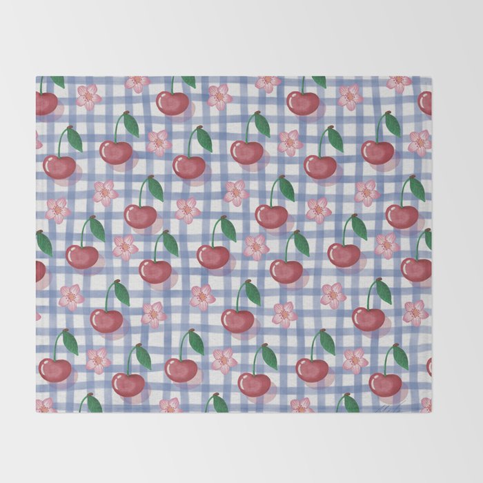 Watercolor Cherry Blossom Picnic Pattern Throw Blanket Gallery Image 2