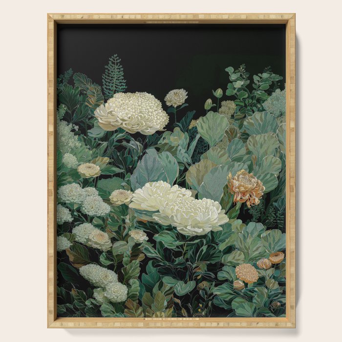 Japandi Wall Art Floral Print Maximalist Botanical Sage Green Flower Painting Japanese Forest poster Serving Tray Gallery Image 1