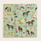 Horse and Flower Print, Mint Blue, Pink flowers, Equestrian, Spring Floral Wood Wall Art Gallery Image 1