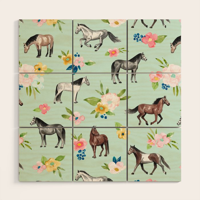 Horse and Flower Print, Mint Blue, Pink flowers, Equestrian, Spring Floral Wood Wall Art Gallery Image 1