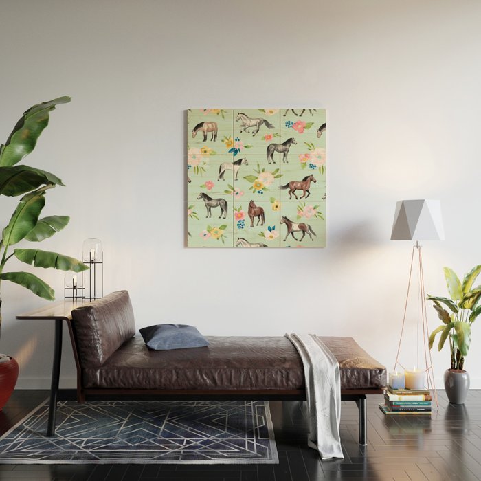 Horse and Flower Print, Mint Blue, Pink flowers, Equestrian, Spring Floral Wood Wall Art Gallery Image 2