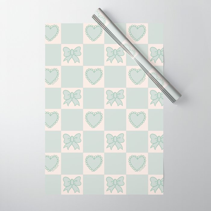 Blue Bow Checkered Print Wrapping Paper Gallery Image 1