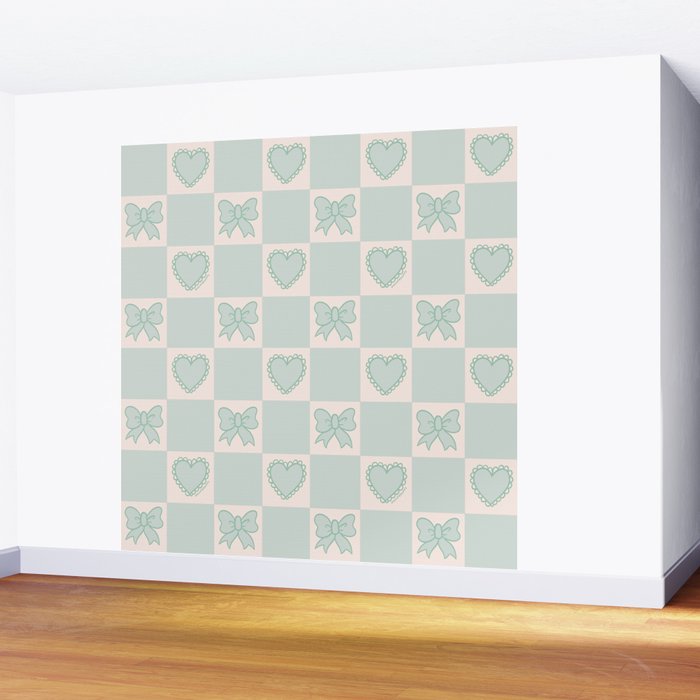 Blue Bow Checkered Print Wall Mural Gallery Image 2