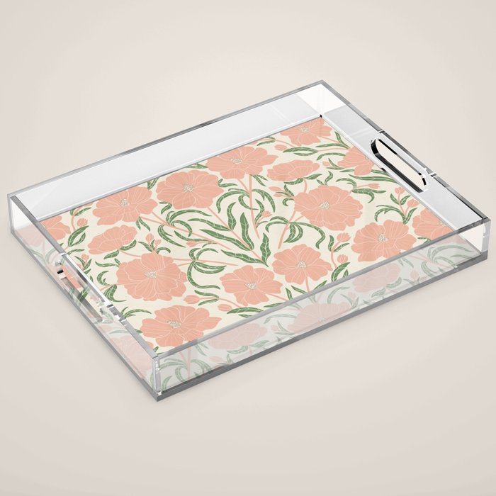Pastel Peach Peonies - Retro botanical Acrylic Tray Gallery Image 1
