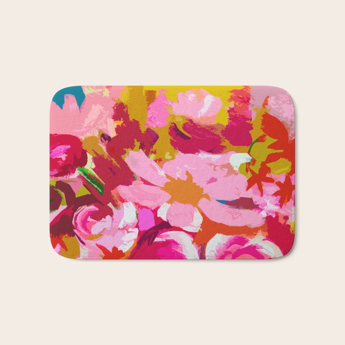 Abstracted Flower Painting in Hot Pink, red, spring green Bath Mat Gallery Image 1