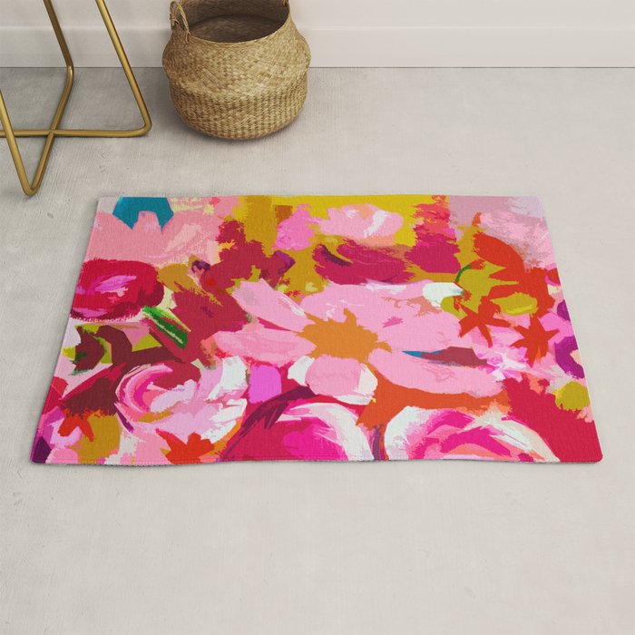 Abstracted Flower Painting in Hot Pink, red, spring green Rug Gallery Image 1