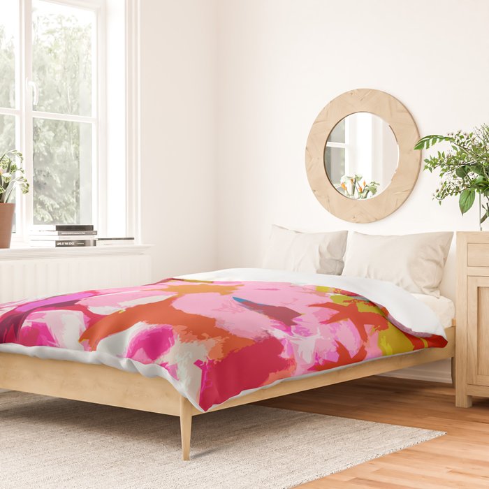 Abstracted Flower Painting in Hot Pink, red, spring green Duvet Cover Gallery Image 2