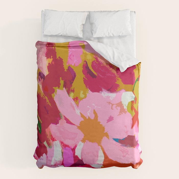 Abstracted Flower Painting in Hot Pink, red, spring green Duvet Cover Gallery Image 6