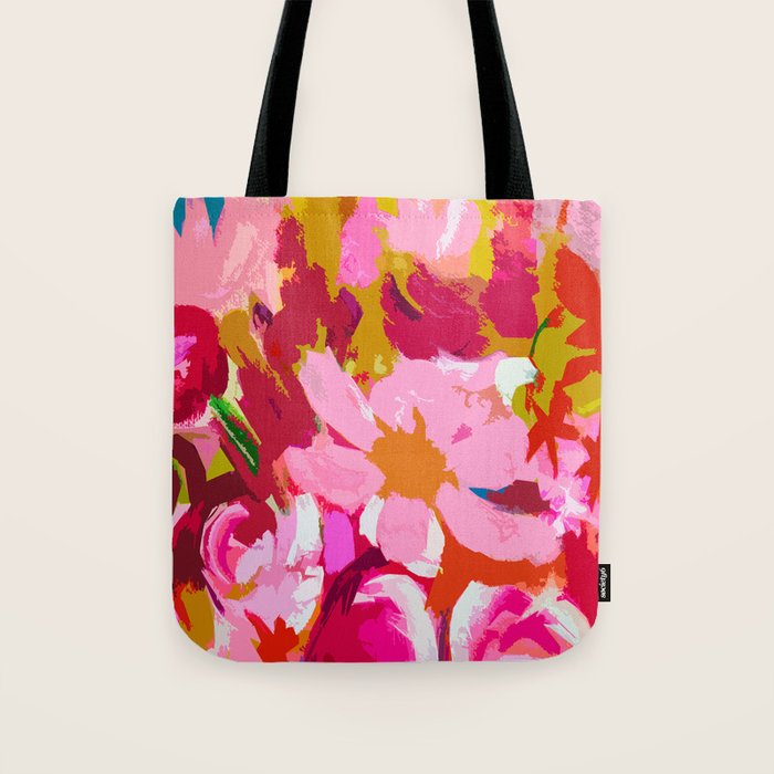 Abstracted Flower Painting in Hot Pink, red, spring green Tote Bag Gallery Image 1