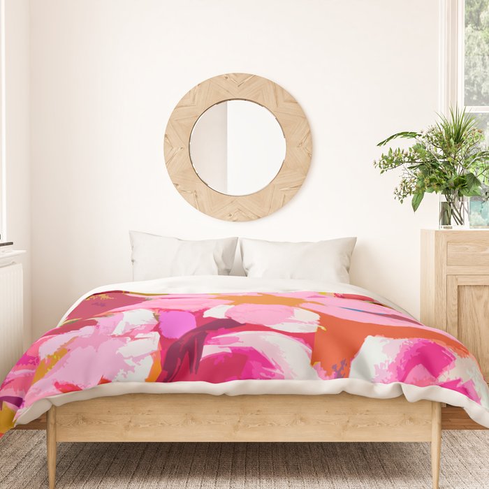 Abstracted Flower Painting in Hot Pink, red, spring green Duvet Cover Gallery Image 3
