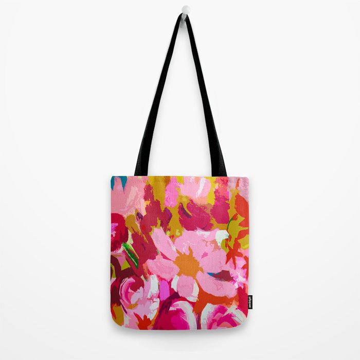 Abstracted Flower Painting in Hot Pink, red, spring green Tote Bag Gallery Image 2