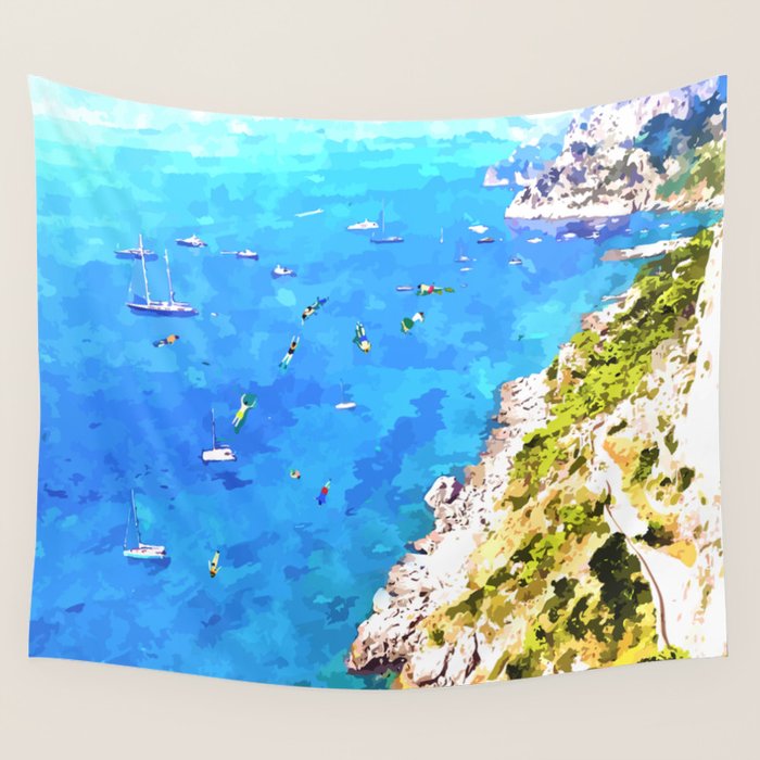 Capri Islands | Tropical Travel Summer Island | Ocean Sea Beach Swim Sail Painting  Wall Tapestry Gallery Image 1
