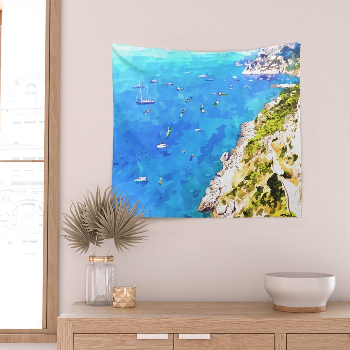 Capri Islands | Tropical Travel Summer Island | Ocean Sea Beach Swim Sail Painting  Wall Tapestry Gallery Image 2