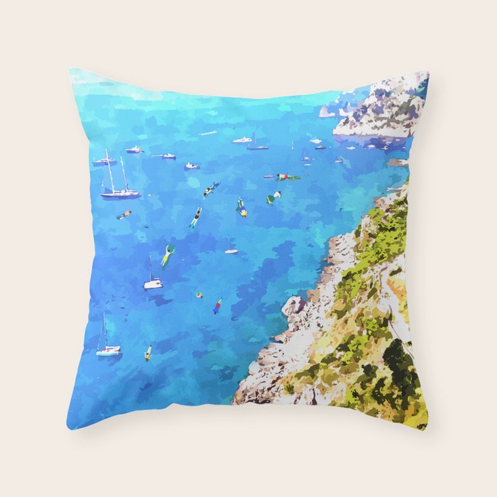 Capri Islands | Tropical Travel Summer Island | Ocean Sea Beach Swim Sail Painting  Throw Pillow Gallery Image 1
